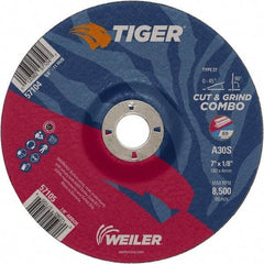 Weiler - 30 Grit, 7" Wheel Diam, 1/8" Wheel Thickness, 7/8" Arbor Hole, Type 27 Depressed Center Wheel - Medium Grade, Aluminum Oxide, Resinoid Bond, S Hardness, 8,500 Max RPM - Caliber Tooling