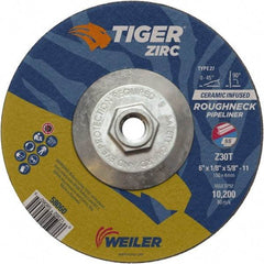 Weiler - 30 Grit, 6" Wheel Diam, 1/8" Wheel Thickness, Type 27 Depressed Center Wheel - Medium Grade, Zirconia Alumina, Resinoid Bond, T Hardness, 10,200 Max RPM - Caliber Tooling