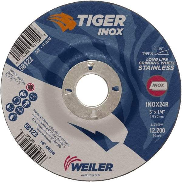 Weiler - 24 Grit, 5" Wheel Diam, 1/4" Wheel Thickness, 7/8" Arbor Hole, Type 27 Depressed Center Wheel - Coarse Grade, Aluminum Oxide, Resinoid Bond, R Hardness, 12,200 Max RPM - Caliber Tooling