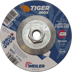 Weiler - 24 Grit, 5" Wheel Diam, 1/4" Wheel Thickness, Type 27 Depressed Center Wheel - Coarse Grade, Aluminum Oxide, Resinoid Bond, R Hardness, 12,200 Max RPM - Caliber Tooling