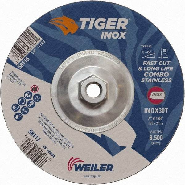 Weiler - 30 Grit, 7" Wheel Diam, 1/8" Wheel Thickness, Type 27 Depressed Center Wheel - Medium Grade, Aluminum Oxide, Resinoid Bond, T Hardness, 8,500 Max RPM - Caliber Tooling