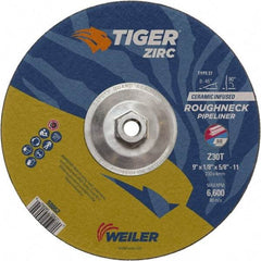 Weiler - 30 Grit, 9" Wheel Diam, 1/8" Wheel Thickness, Type 27 Depressed Center Wheel - Medium Grade, Zirconia Alumina, Resinoid Bond, T Hardness, 6,600 Max RPM - Caliber Tooling