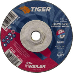 Weiler - 24 Grit, 4-1/2" Wheel Diam, 1/4" Wheel Thickness, Type 27 Depressed Center Wheel - Coarse Grade, Aluminum Oxide, Resinoid Bond, R Hardness, 13,300 Max RPM - Caliber Tooling