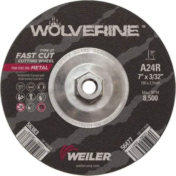 Weiler - 24 Grit, 7" Wheel Diam, 3/32" Wheel Thickness, Type 27 Depressed Center Wheel - Coarse Grade, Aluminum Oxide, Resinoid Bond, R Hardness, 8,500 Max RPM - Caliber Tooling