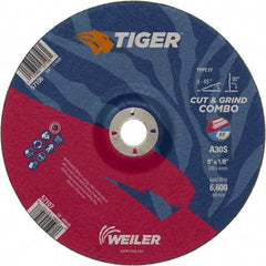 Weiler - 30 Grit, 9" Wheel Diam, 1/8" Wheel Thickness, 7/8" Arbor Hole, Type 27 Depressed Center Wheel - Medium Grade, Aluminum Oxide, Resinoid Bond, S Hardness, 6,600 Max RPM - Caliber Tooling