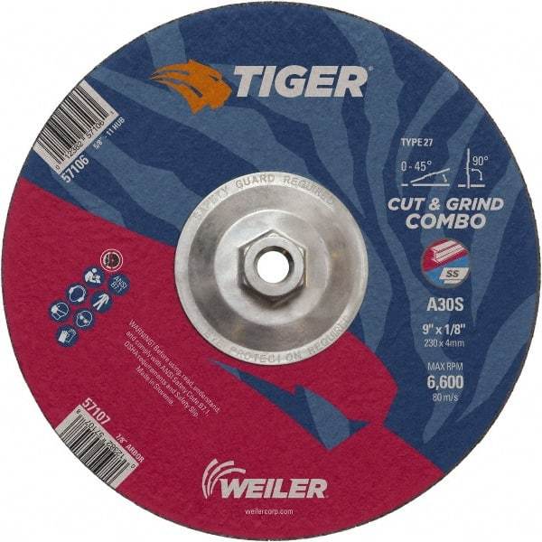 Weiler - 30 Grit, 9" Wheel Diam, 1/8" Wheel Thickness, Type 27 Depressed Center Wheel - Medium Grade, Aluminum Oxide, Resinoid Bond, S Hardness, 6,600 Max RPM - Caliber Tooling