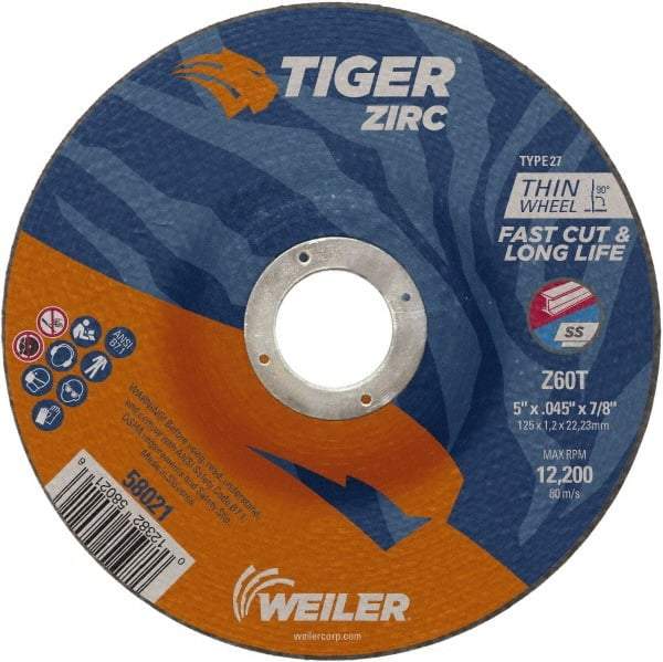 Weiler - 60 Grit, 5" Wheel Diam, 7/8" Arbor Hole, Type 27 Depressed Center Wheel - Medium Grade, Zirconia Alumina, Resinoid Bond, T Hardness, 12,200 Max RPM - Caliber Tooling