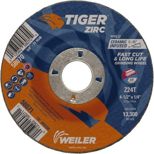 Weiler - 24 Grit, 4-1/2" Wheel Diam, 1/4" Wheel Thickness, 7/8" Arbor Hole, Type 27 Depressed Center Wheel - Coarse Grade, Zirconia Alumina, Resinoid Bond, T Hardness, 13,300 Max RPM - Caliber Tooling