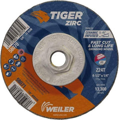 Weiler - 24 Grit, 4-1/2" Wheel Diam, 1/4" Wheel Thickness, Type 27 Depressed Center Wheel - Coarse Grade, Zirconia Alumina, Resinoid Bond, T Hardness, 13,300 Max RPM - Caliber Tooling