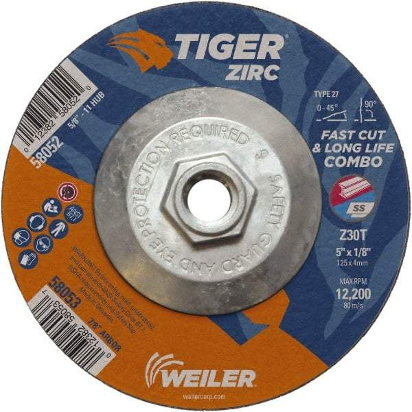 Weiler - 30 Grit, 5" Wheel Diam, 1/8" Wheel Thickness, Type 27 Depressed Center Wheel - Medium Grade, Zirconia Alumina, Resinoid Bond, T Hardness, 12,200 Max RPM - Caliber Tooling