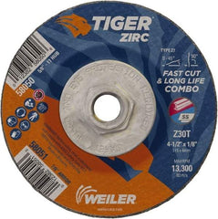 Weiler - 30 Grit, 4-1/2" Wheel Diam, 1/8" Wheel Thickness, Type 27 Depressed Center Wheel - Medium Grade, Zirconia Alumina, Resinoid Bond, T Hardness, 13,300 Max RPM - Caliber Tooling