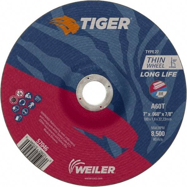 Weiler - 60 Grit, 7" Wheel Diam, 7/8" Arbor Hole, Type 27 Depressed Center Wheel - Medium Grade, Aluminum Oxide, Resinoid Bond, T Hardness, 8,500 Max RPM - Caliber Tooling