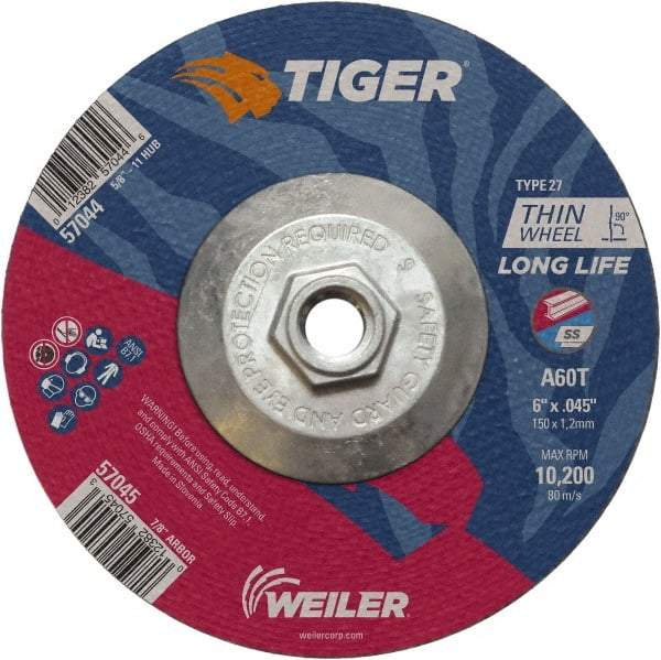 Weiler - 60 Grit, 6" Wheel Diam, Type 27 Depressed Center Wheel - Medium Grade, Aluminum Oxide, Resinoid Bond, T Hardness, 10,200 Max RPM - Caliber Tooling