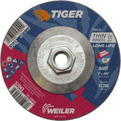 Weiler - 60 Grit, 5" Wheel Diam, Type 27 Depressed Center Wheel - Medium Grade, Aluminum Oxide, Resinoid Bond, T Hardness, 12,200 Max RPM - Caliber Tooling