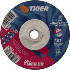 Weiler - 60 Grit, 4-1/2" Wheel Diam, 3/32" Wheel Thickness, Type 27 Depressed Center Wheel - Medium Grade, Aluminum Oxide, Resinoid Bond, T Hardness, 13,300 Max RPM - Caliber Tooling