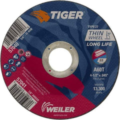 Weiler - 60 Grit, 4-1/2" Wheel Diam, Type 27 Depressed Center Wheel - Medium Grade, Aluminum Oxide, Resinoid Bond, T Hardness, 13,300 Max RPM - Caliber Tooling