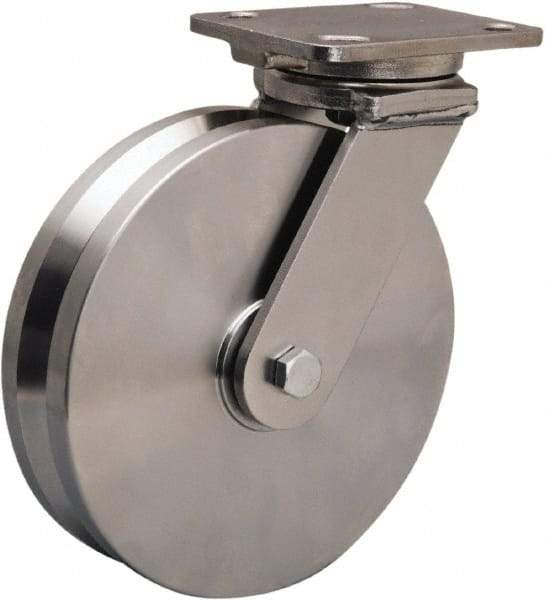 Hamilton - 8" Diam x 2" Wide, Stainless Steel Swivel Caster - 1,600 Lb Capacity, Top Plate Mount, 4" x 5" Plate, Delrin Bearing - Caliber Tooling