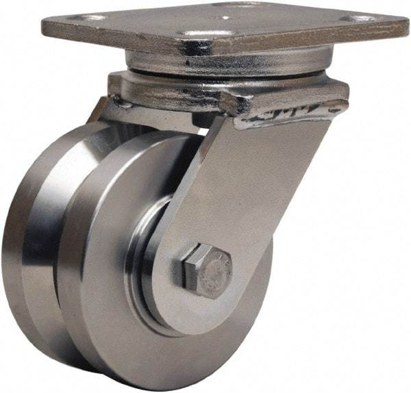 Hamilton - 4" Diam x 2" Wide, Stainless Steel Swivel Caster - 850 Lb Capacity, Top Plate Mount, 4" x 5" Plate, Delrin Bearing - Caliber Tooling