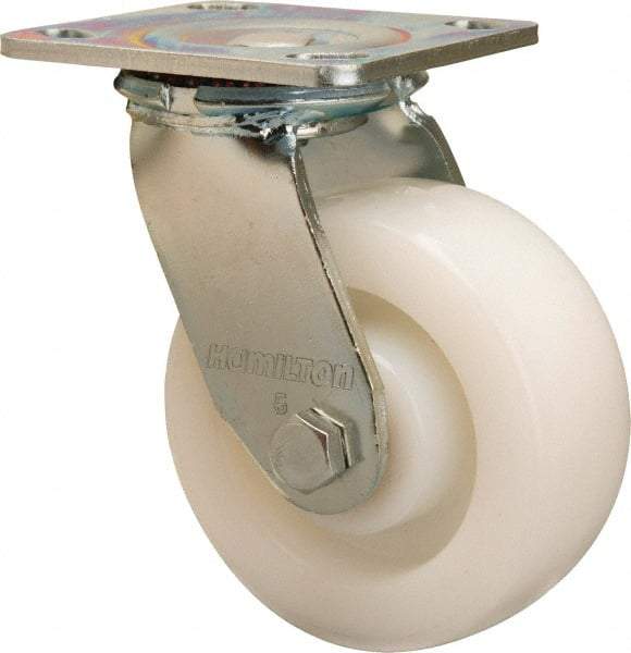 Hamilton - 5" Diam x 2" Wide x 6-1/2" OAH Top Plate Mount Swivel Caster - Nylon, 900 Lb Capacity, Sealed Precision Ball Bearing, 4 x 4-1/2" Plate - Caliber Tooling