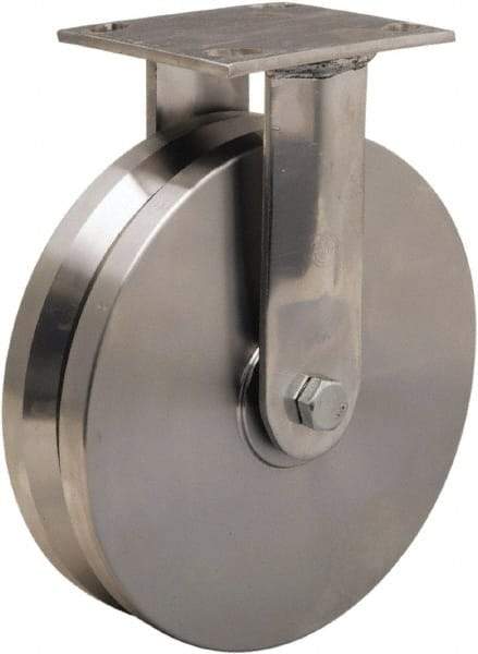 Hamilton - 8" Diam x 2" Wide, Stainless Steel Rigid Caster - 800 Lb Capacity, Top Plate Mount, 3-3/4" x 4-1/2" Plate, Delrin Bearing - Caliber Tooling