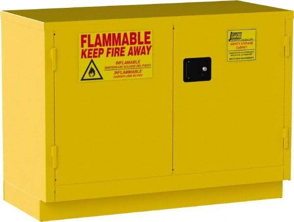 Jamco - 2 Door, 1 Shelf, Yellow Steel Double Wall Safety Cabinet for Flammable and Combustible Liquids - 35" High x 22" Wide x 48" Deep, Manual Closing Door, 3 Point Key Lock, 30 Gal Capacity - Caliber Tooling