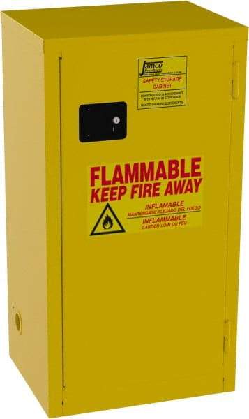 Jamco - 1 Door, 2 Shelf, Yellow Steel Double Wall Safety Cabinet for Flammable and Combustible Liquids - 44" High x 18" Wide x 23" Deep, Manual Closing Door, 3 Point Key Lock, 18 Gal Capacity - Caliber Tooling