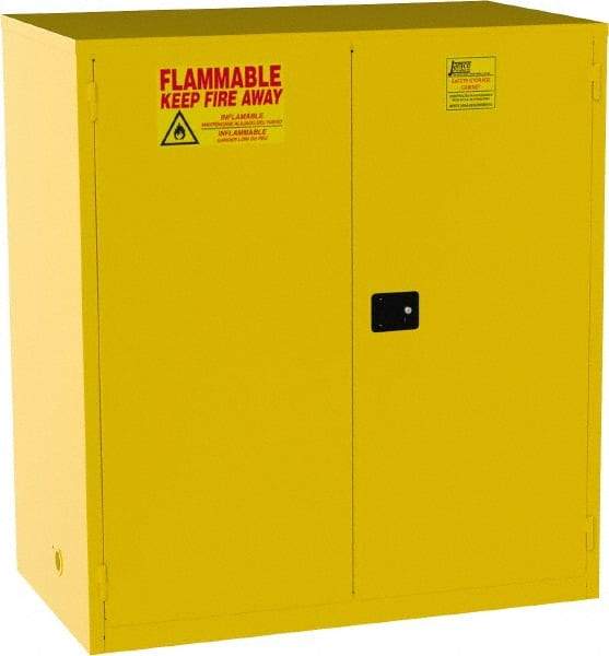 Jamco - 2 Door, 2 Shelf, Yellow Steel Double Wall Safety Cabinet for Flammable and Combustible Liquids - 65" High x 34" Wide x 59" Deep, Manual Closing Door, 3 Point Key Lock, 120 Gal Capacity - Caliber Tooling