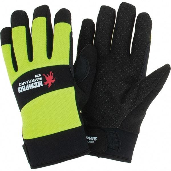 MCR Safety - Size L Leather General Protection Work Gloves - For Work & Driver, Uncoated, Adjustable Closure Cuff, Black/Hi-Vis Lime, Paired - Caliber Tooling