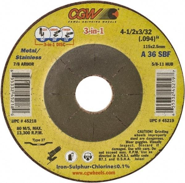 Camel Grinding Wheels - 36 Grit, 7" Wheel Diam, 3/32" Wheel Thickness, 7/8" Arbor Hole, Type 27 Depressed Center Wheel - Medium Grade, Aluminum Oxide, Resinoid Bond, 8,600 Max RPM - Caliber Tooling