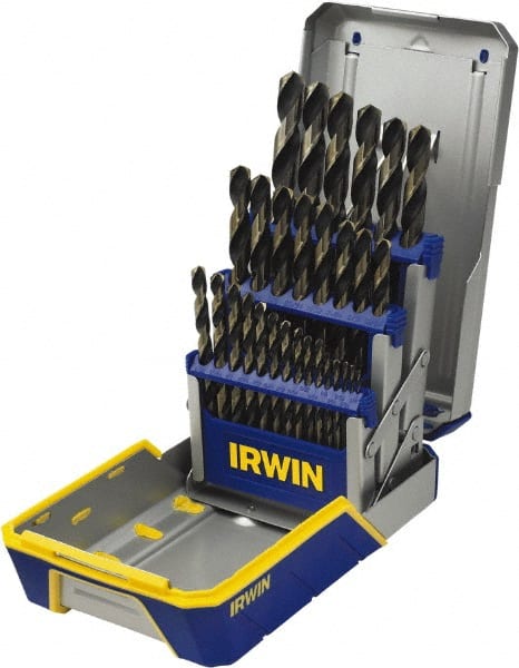 Irwin - 1/16 to 1/2", 135° Point, Oxide/Gold Finish, High Speed Steel Jobber Length Drill Bit Set - Caliber Tooling