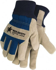 MCR Safety - Size S Pigskin General Protection Work Gloves - For Work & Driver, Uncoated, Knit Wrist Cuff, Blue/Natural, Paired - Caliber Tooling