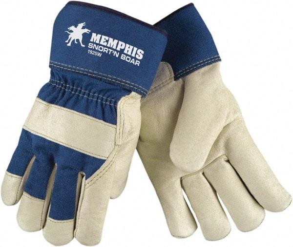 MCR Safety - Size L Pigskin General Protection Work Gloves - For Work & Driver, Uncoated, Safety Cuff, Cream/Blue, Paired - Caliber Tooling