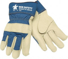 MCR Safety - Size S Pigskin General Protection Work Gloves - For Work & Driver, Uncoated, Safety Cuff, Cream/Blue, Paired - Caliber Tooling