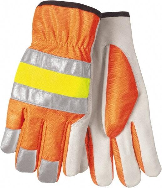 MCR Safety - Size M Cowhide General Protection Work Gloves - For General Purpose, Uncoated, Slip-On Cuff, Hi-Vis Orange, Paired - Caliber Tooling