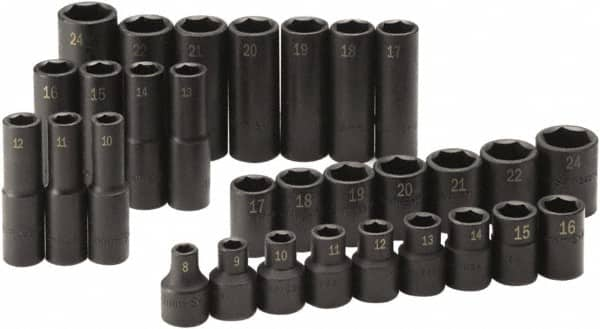 SK - 30 Piece 1/2" Drive Standard Deep Impact Socket Set - 6 Points, 8 to 24mm, Metric Measurement Standard - Caliber Tooling