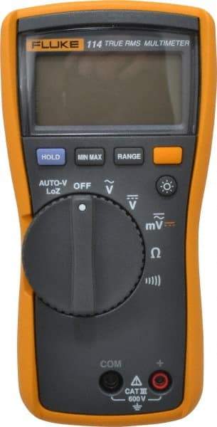 Fluke - 114, CAT III, 600 VAC/VDC, Digital True RMS Auto Ranging Manual Ranging Multimeter - 40 mOhm, Measures Voltage, Capacitance, Current, Resistance - Caliber Tooling