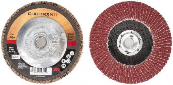 3M - 40 Grit, 4-1/2" Disc Diam, 5/8-11 Center Hole, Type 27 Ceramic Flap Disc - 13,300 Max RPM, Cloth Backing, Arbor Attaching System, Coated - Caliber Tooling