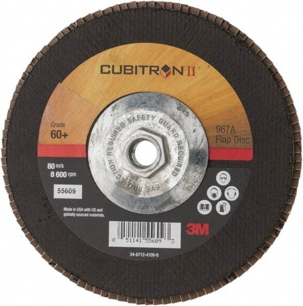 3M - 60 Grit, 7" Disc Diam, 5/8-11 Center Hole, Type 27 Ceramic Flap Disc - 13,300 Max RPM, Cloth Backing, Arbor Attaching System, Coated - Caliber Tooling