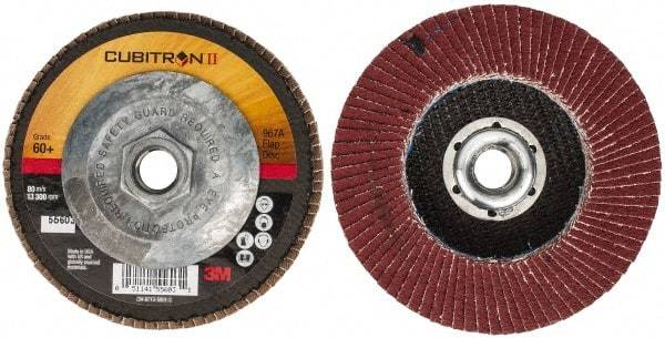 3M - 60 Grit, 4-1/2" Disc Diam, 5/8-11 Center Hole, Type 27 Ceramic Flap Disc - 13,300 Max RPM, Cloth Backing, Arbor Attaching System, Coated - Caliber Tooling