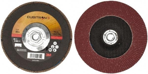 3M - 80 Grit, 7" Disc Diam, 5/8-11 Center Hole, Type 27 Ceramic Flap Disc - 13,300 Max RPM, Cloth Backing, Arbor Attaching System, Coated - Caliber Tooling