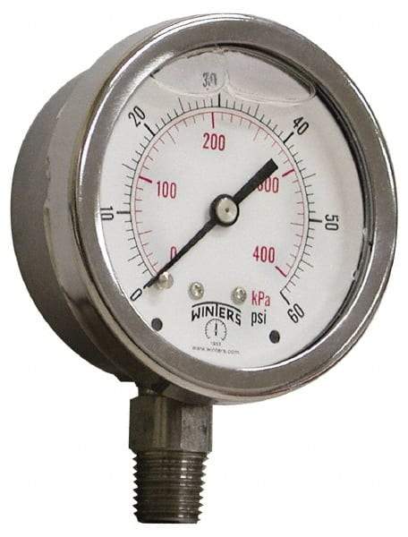 Winters - 2-1/2" Dial, 1/4 Thread, 0-100 Scale Range, Pressure Gauge - Lower Connection Mount, Accurate to 1.5% of Scale - Caliber Tooling