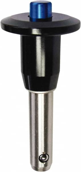 Monroe Engineering Products - 3/4" Diam, 4" Usable Length, Button Handle, Push Button Quick Release Pin - 6-3/8" OAL, Grade 4140 Steel, Zinc-Plated Finish - Caliber Tooling