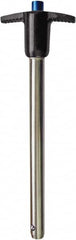 Monroe Engineering Products - 9/16" Diam, 4" Usable Length, T Handle, Push Button Quick Release Pin - 5-1/8" OAL, Grade 4140 Steel, Zinc-Plated Finish - Caliber Tooling