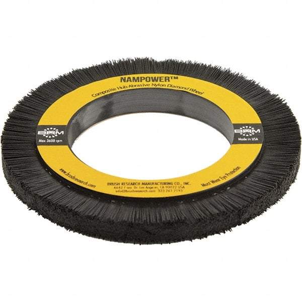 Brush Research Mfg. - 5-29/32" OD, 3-1/4" Arbor Hole, Crimped Abrasive Nylon Wheel Brush - 0.394" Face Width, 3/4" Trim Length, 3,600 RPM - Caliber Tooling