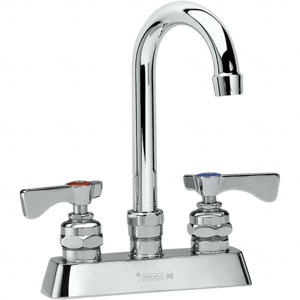 Krowne - Deck Mount, Low Arc Deck Mount Faucet - Two Handle, Color Coded, Blade Handle, Gooseneck Spout and Nozzle, No Drain - Caliber Tooling