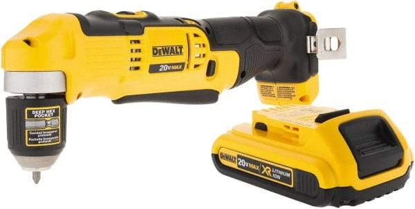 DeWALT - 20 Volt 3/8" Chuck Right Angle Handle Cordless Drill - 0-650 & 0-2000 RPM, Keyless Chuck, Reversible, 1 Lithium-Ion Battery Included - Caliber Tooling