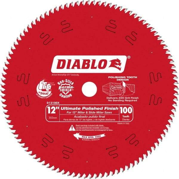 Freud - 12" Diam, 1" Arbor Hole Diam, 100 Tooth Wet & Dry Cut Saw Blade - Carbide-Tipped, Fine Finishing Action, Standard Round Arbor - Caliber Tooling