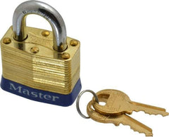 Master Lock - 3/4" Shackle Clearance, Keyed Alike Laminated Brass Padlock - 9/32" Shackle Diam, Brass - Caliber Tooling