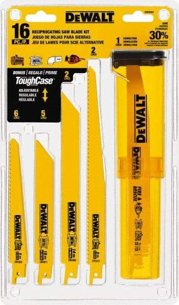DeWALT - 16 Pieces, 6" to 9" Long x 0.04" Thickness, Bi-Metal Reciprocating Saw Blade Set - Straight Profile, 6 to 18 Teeth, Toothed Edge - Caliber Tooling