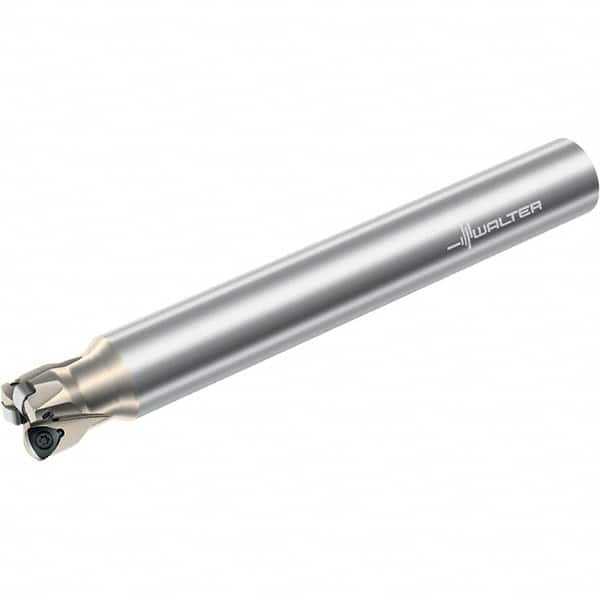 Walter - 21° Lead Angle, 1-1/4" Max Cut Diam, 0.793" Min Cut Diam, 0.039" Max Depth of Cut, Indexable Chamfer & Angle End Mill - 3 Inserts, P23696 Insert Style, 10" OAL, Through Coolant, Straight Shank - Caliber Tooling